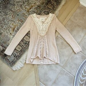 Anthropologie Angel Of The North Lace Detail Cable Knit Sweater Beige